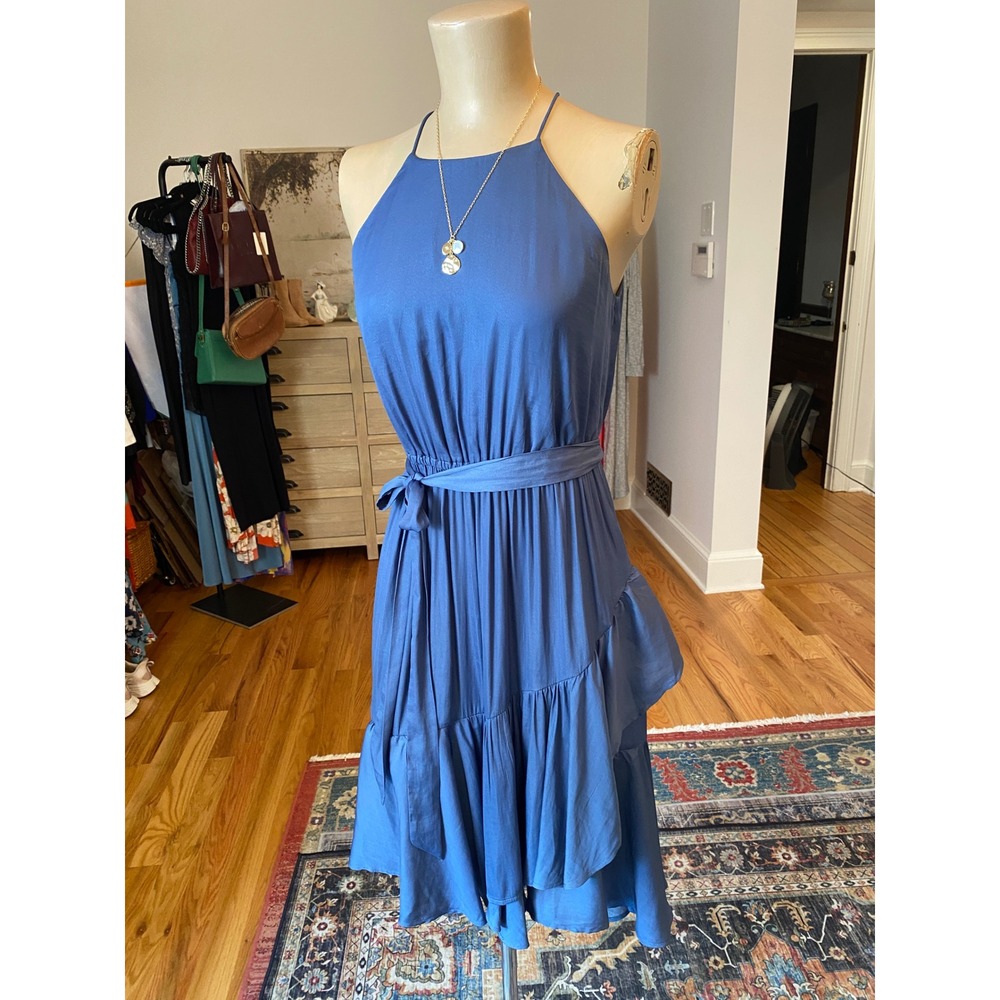 LOFT Blue Halter Ruffle Midi Dress Small Elastic Waist Tie Belt Tiered Skirt